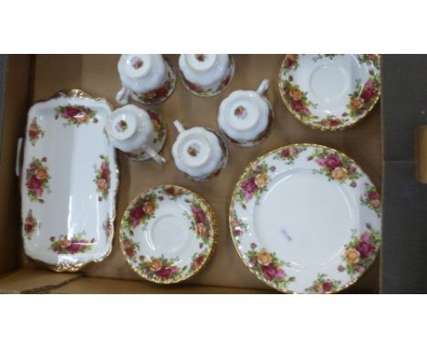 Royal Albert tea and dinner ware in the Old Country Roses pattern consisting of 6 salad plates, a sandwich tray, 5 tea cups a
