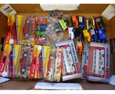 Collection of loose and packaged vehicles including Dinky Silver Jubilee Bus x 2, 3 x Hot Wheels/Shell Ferrari F50, loose Lle