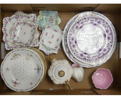 a mixed collection of items to include Bridgwood dinner plates, Shelley pin dishes, Bamboo handled tea pot, 12125 dish etc (1
