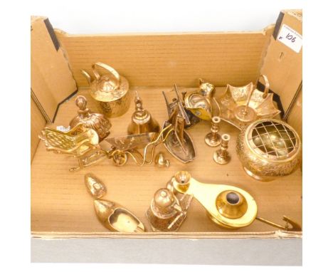 A Small Collection of Brass Ornaments including Sailing Boat, Coronation Chair, Teapot etc. (1 Tray)
