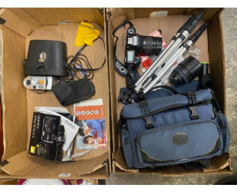 A collection of photographic and optical equipment to include a Canon EOS 100F 35mm camera, Sigma 70-210mm lens, Nikon Coolpi
