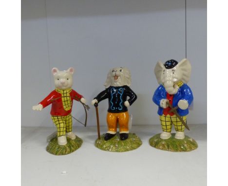 Royal Doulton, Three Rupert Figures Rupert with Bow and Arrow, Ping Pong Leading the Way and Edward Trunk pretending to be an