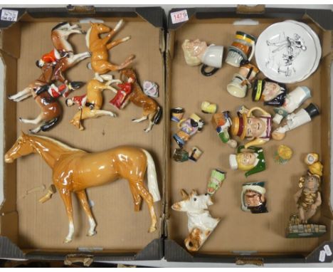 A Mixed Collection of mostly Ceramic Figures and Animals include Beswick Racehorse leg a/f, unmarked hunting figures, misc. c