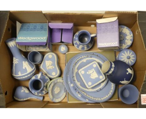 Wedgwood, A Collection of Blue Jasperware including Jugs, Vases, Trinket dishes etc. (1 Tray)