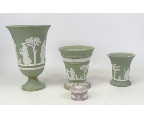 Wedgwood, Lilac Jasperware lidded pot together with sage green frog vase and two others. Chip to liner of frog vase. (4)