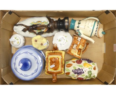 A Mixed Collection of Items to include Spelter Figure, Cottage Ware, Motto Ware Coffee Pot a/f (1 Tray)