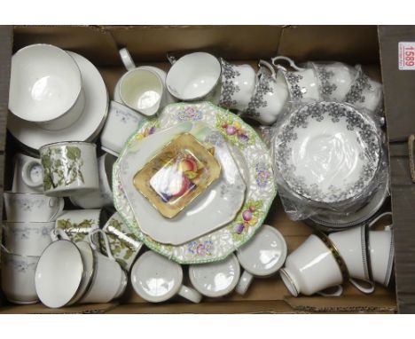 A Mixed Collection of Teware includes Aynsley Fruit Sitll Life Dish, Royal Doulton Saraband pattern teaware, Angelique patter