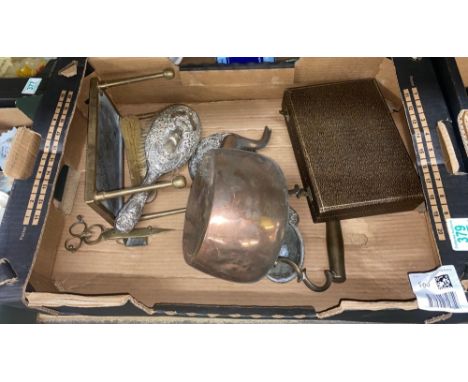 Mixed metalware to include non matching silver covered dressing table mirror and brushes, brass candle wick trimmer, copper k