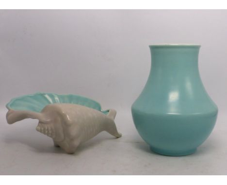 Poole Pottery to include vase model no.443 and conch shell. (2)