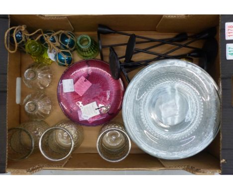 Collection of glass to include dinner plates, red side plates, candle holders, decorative small fishing floats, textured vase