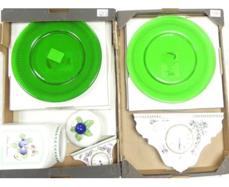 A selection of Portmeirion to include boxed green glass charger plates, storage jar also two mantle clocks large and small (2
