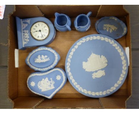 Collection of Wedgwood powder blue jasperware to include 1985 Christmas plate, heart shaped lidded trinket box, mantle clock,