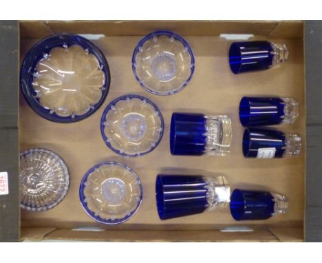Ajka, eleven cobalt blue crystal glass ware to include tumblers, lidded caviar bowl and bowls etc. Used as blanks for the pro