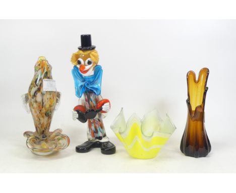 Four Glass Items including Murano type clow, end of days fish, yellow handkerchief dish and amber vase (4)