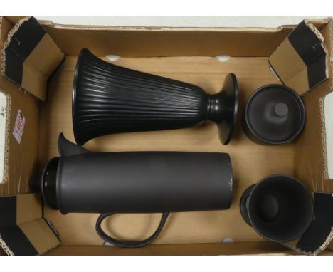 Wedgwood, Black Jasperware vase together with black ribbed vase, coffee pot and lidded pot