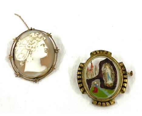 Vintage 9ct gold cameo brooch, broken safety chain, Vintage bone painted brooch 