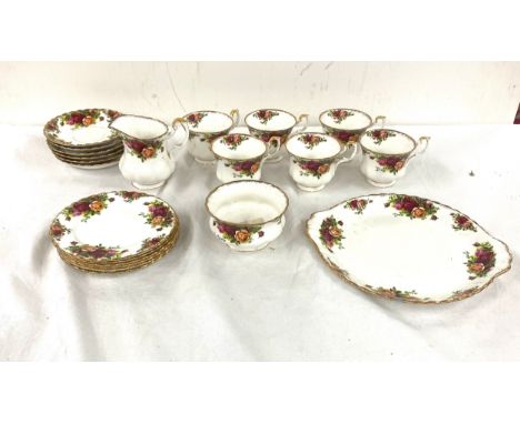 Selection of Royal Albert Country Rose pieces to include 6 cups, 6 saucers, milk jug, sugar bowl, cake plate and 6 sandwich p