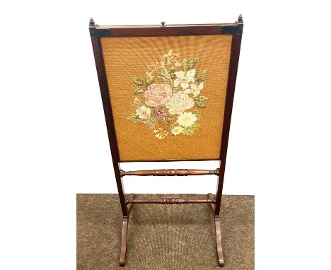Adjustable height fire screen mahogany framed with tapestry insert 
