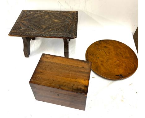 Small carved wooden stool, tea caddy, burr walnut stand etc 