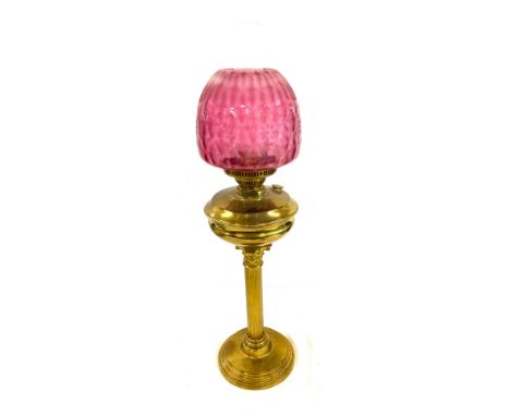 Vintage cranberry and glass oil lamp overall height 29.5" tall 