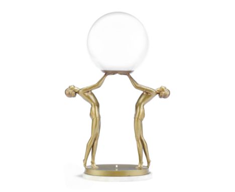 ContinentalArt Deco figural lamp, circa 1930Gilded art metal, white onyx base, modelled as two nude female figures, with glas