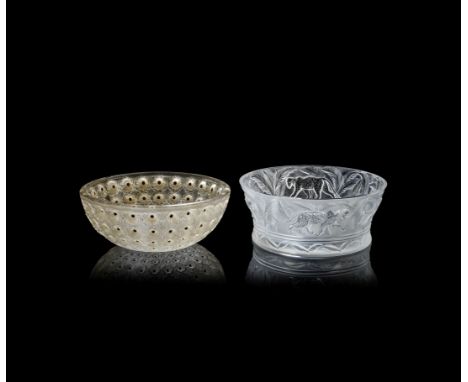 Rene Lalique'Nemours' bowl, designed 1929Clear glass, polished and sepia stained, with enamel decoration.15.5cm diameterMould