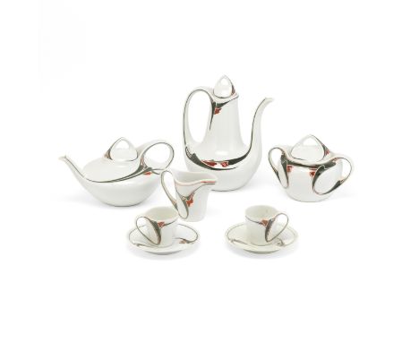 Maurice DufrèneTea and coffee service, circa 1903Porcelain. Comprising; two cups and saucers, teapot and cover, coffee pot an