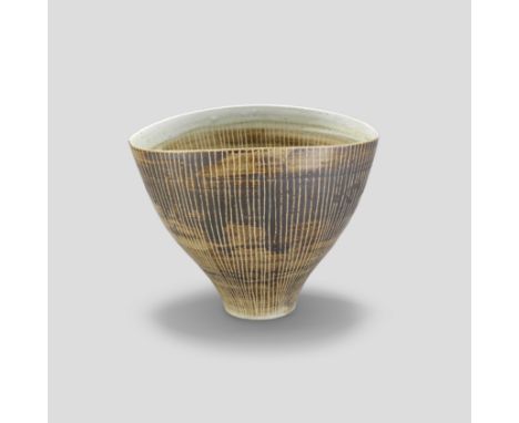 Lucie RieHigh-sided bowl, circa 1965Porcelain, vertical linear sgraffito design.17 x 21.5 x 16 cmUnderside with impressed LR 