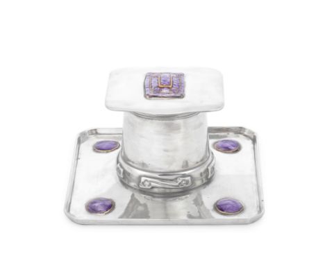 Archibald KnoxInkwell, model no. 0141, 1902-05Pewter, purple enamel decoration.8.5 x 15 cmProduced by Liberty &amp; Co. Under
