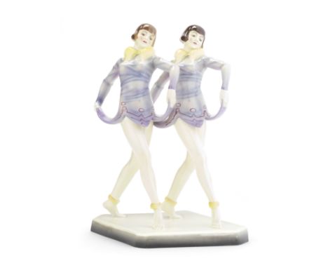 Stefan Dakon'Twin figures of dancers', model no.5612, circa 1925Glazed polychrome ceramic.38cm highManufactured by Goldscheid