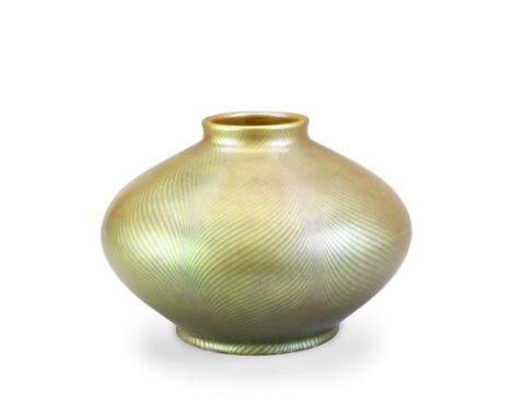 ZsolnayVase, 1897-98Earthenware, iridescent glaze, repeating 'Tiffany style' feathered design.18.5 x 27 cmUnderside with five