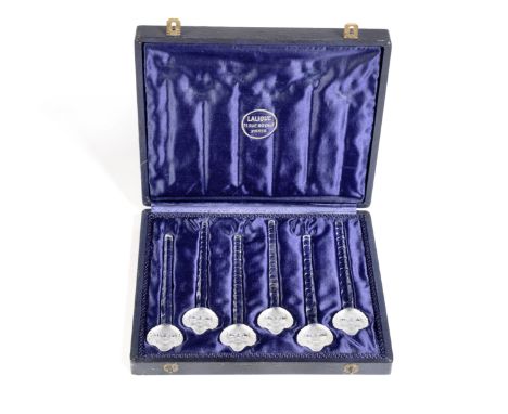 René LaliqueSix 'Barr' champagne whips, designed 1932Clear glass.Each whip 12.3cm longComes with original box marked LALIQUE 