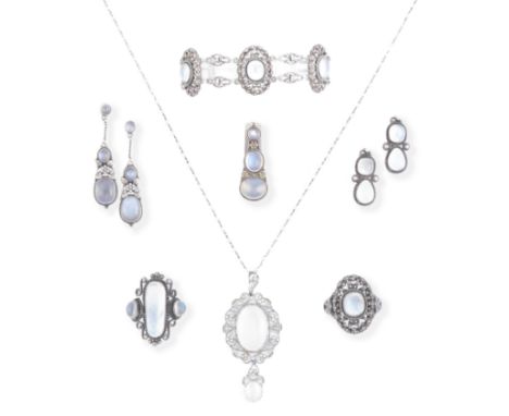 BritishArts &amp; Crafts style jewellery collection with moonstones, 20th CenturyComprising; two rings, a bracelet, a pendant