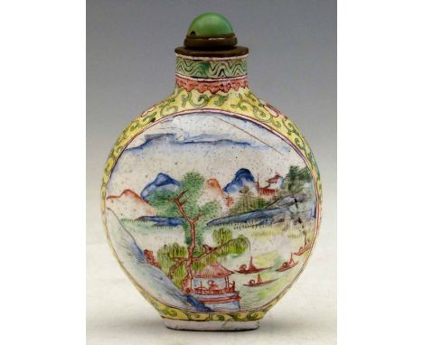Canton enamel snuff bottle, painted on either side with landscapes, on a yellow floral ground, four character Qianlong mark t