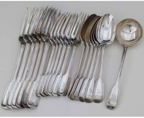 Victorian silver fiddle &amp; thread pattern flatware of six dessert forks, six dessert spoons, six table forks and a sauce l