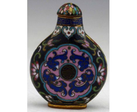 Cloisonne enamel snuff bottle, the moon flask body decorated with shou medallions on a black and yellow floral ground, height