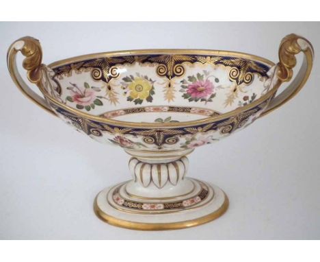 Spode twin handled table centre with twin handles, painted with flora on gilt scrolls and leaves, painted 771 to base, early 