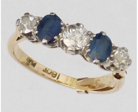 18ct gold and platinum five-stone diamond and sapphire ring, old cut, 4.2g gross. ring size O.