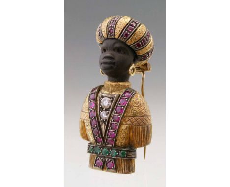 Venetian gold and ebony brooch modelled as a blackamoor, signed A. Codognato, set with brilliant-cut rubies, emeralds and dia