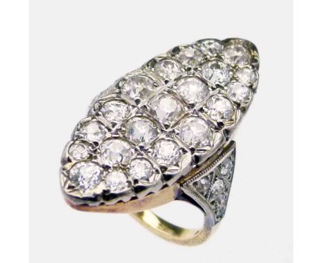 18ct gold and platinum marquise shaped pave diamond ring, the table set with 21 old mine cut stones, 2.4 - 3.9mm diameter and