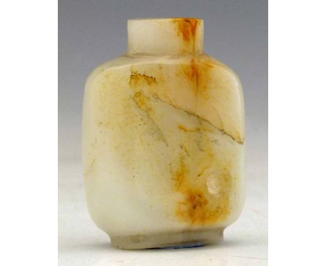 Stout white jade snuff bottle, the rectangular body with russet inclusions and natural indentations, height 5.7cm.
 
Conditio