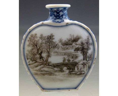 Chinese heart-shaped snuff bottle painted in underglaze blue and en grisaille on one face with figures on a bridge in a lands
