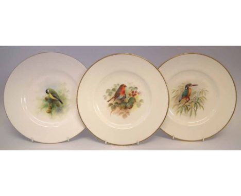 Pair of Royal Worcester plates and one other signed Powell and Price,   painted with a Robin and a Kingfisher and Great Tit w