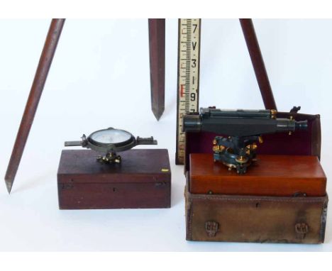 Casartelli's Patent Mining Dial, the silvered compass 12.5cm, in its fitted mahogany box; Stanley, London surveying telescope