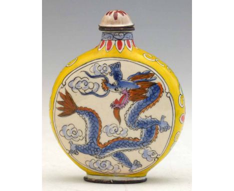 Canton enamel moon flask shaped snuff bottle, painted on either side with a writhing dragon, yellow ground Qianlong four char