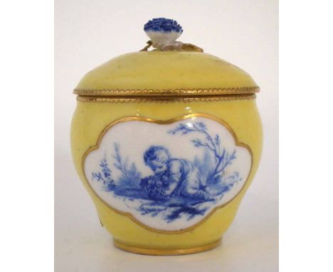 Sevres sucrier or lidded bowl,   painted in blue with a child studies on a yellow and gilt ground, painted marks to base, ear