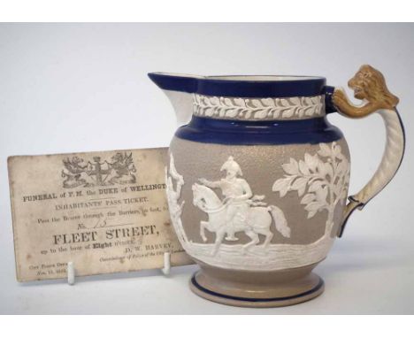 Battle of Vitoria and Wellington commemorative jug probably by Turner circa 1813,   sprig moulded with Wellington,  plunder a
