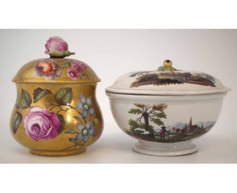 Ansbach lidded bowl or sucrier circa 1770   painted with landscapes, blue 'A' mark to base, also a Meissen sucrier painted wi