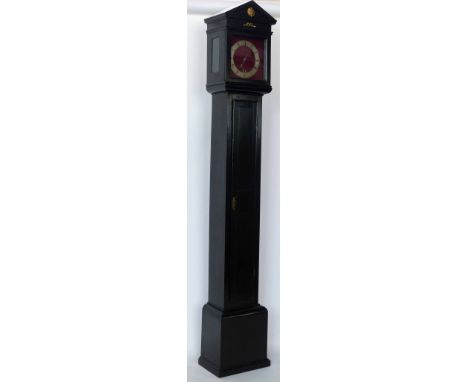 Ebonised longcased year-going clock by H. Haley, 1939, red fabric dial with silvered chapter ring, anchor escapement, in a ta