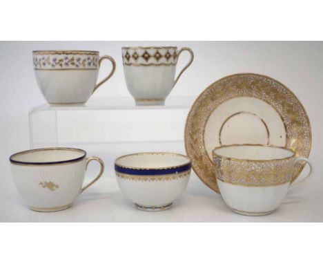 Pinxton cup and saucer circa 1800   of facetted bute shape, together with three Derby cups and a teabowl, (6)     Condition r